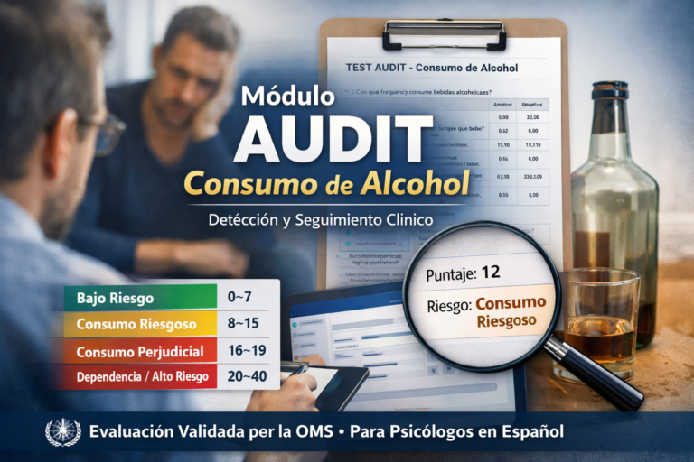 Módulo AUDIT en software de psicología clínica para evaluar consumo de alcohol y riesgo
